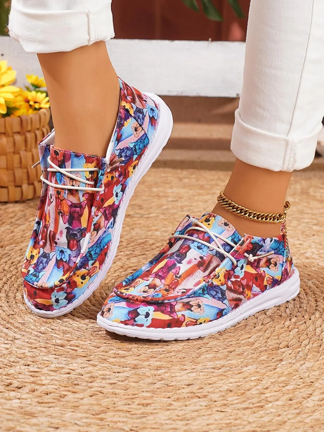 Women's Comfortable Lace-up Loafers Wide Width Colorful Doggy Print Slip on Sneakers Orthopedic Women Boat Shoes Lightweight Arch Support Walking Shoes