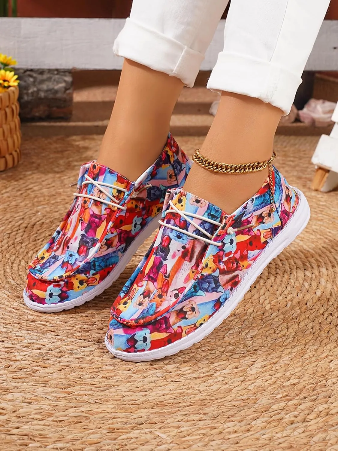 Women's Comfortable Lace-up Loafers Wide Width Colorful Doggy Print Slip on Sneakers Orthopedic Women Boat Shoes Lightweight Arch Support Walking Shoes