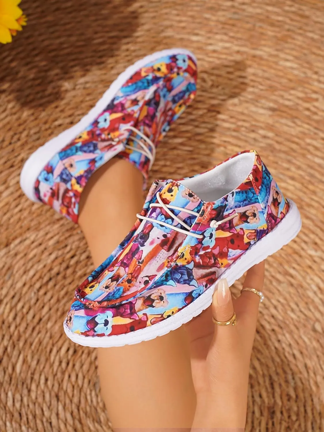 Women's Comfortable Lace-up Loafers Wide Width Colorful Doggy Print Slip on Sneakers Orthopedic Women Boat Shoes Lightweight Arch Support Walking Shoes