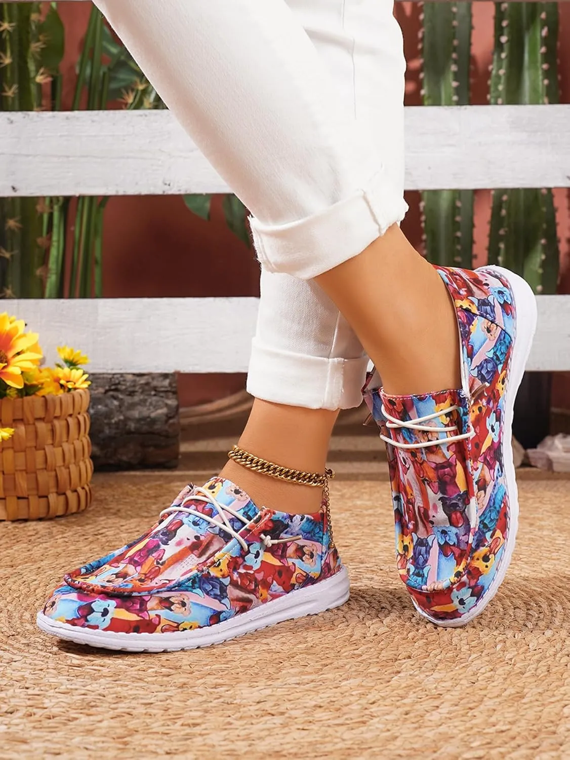Women's Comfortable Lace-up Loafers Wide Width Colorful Doggy Print Slip on Sneakers Orthopedic Women Boat Shoes Lightweight Arch Support Walking Shoes