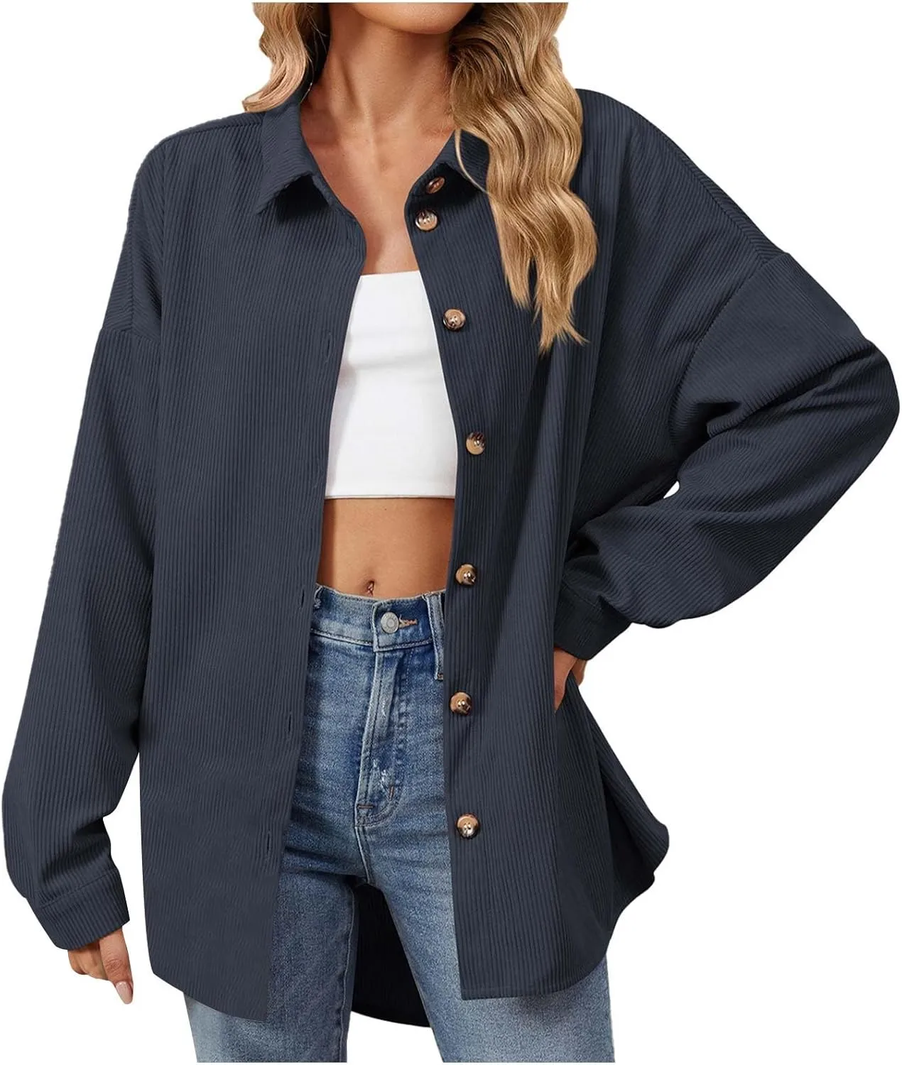 Womens Corduroy Shacket Blouses Button Down Shirts Long Sleeves Tops Jacket Coats Fashion Casual Jacket All Season