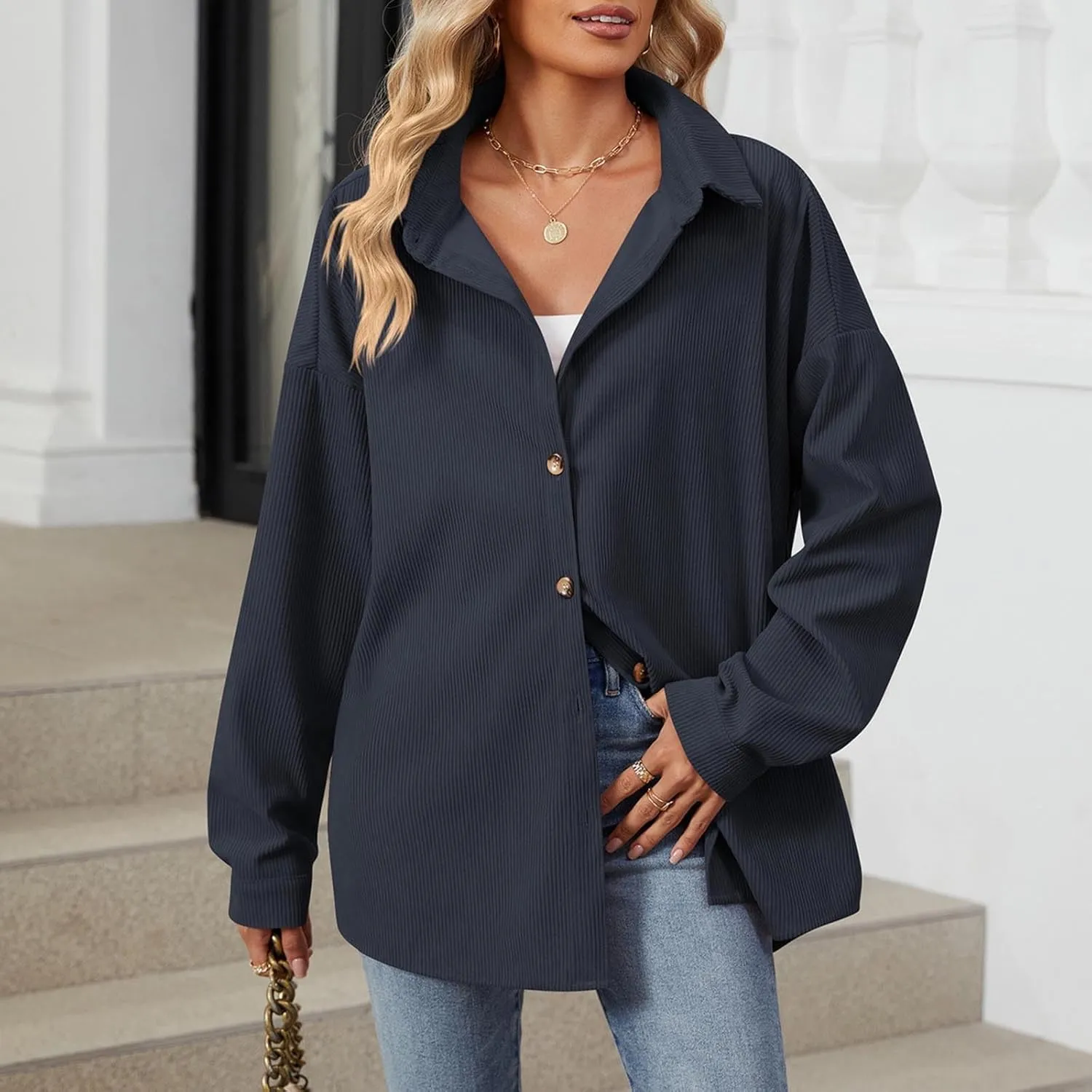 Womens Corduroy Shacket Blouses Button Down Shirts Long Sleeves Tops Jacket Coats Fashion Casual Jacket All Season