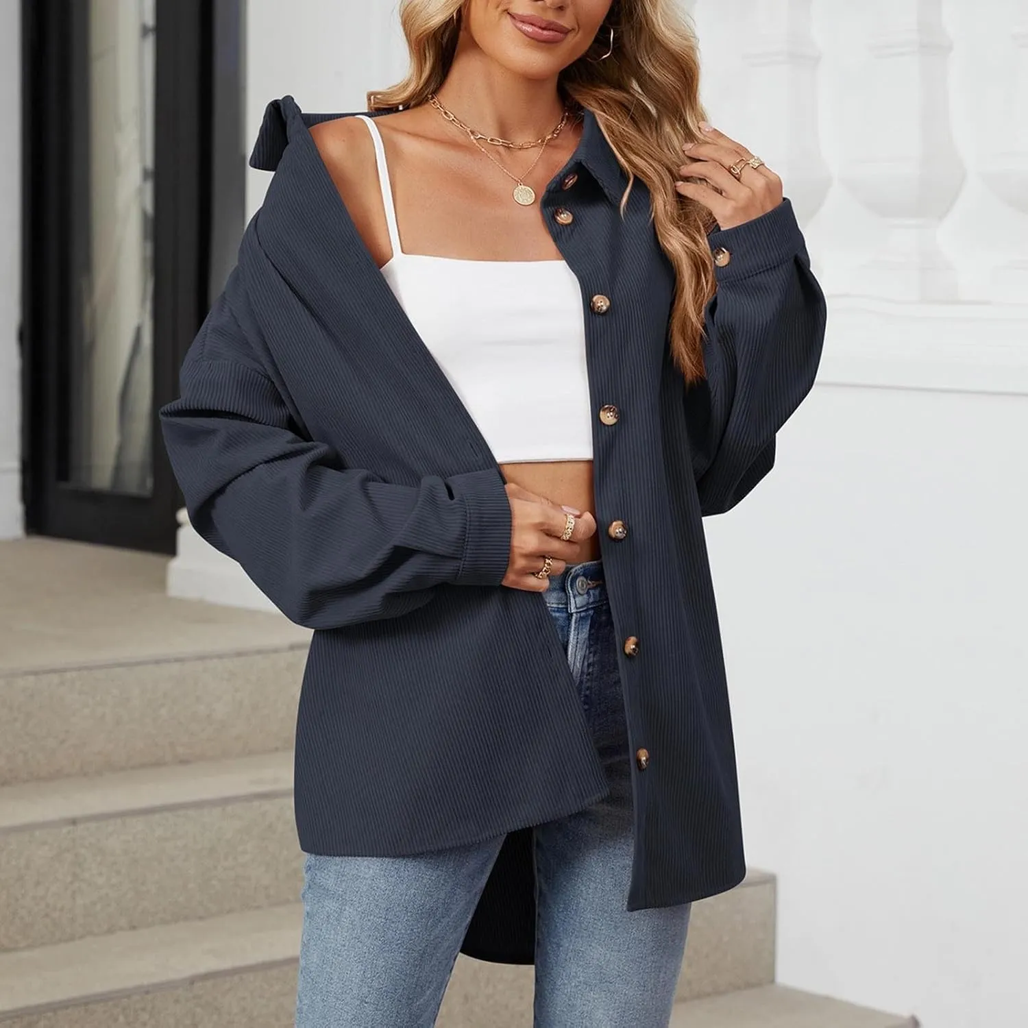 Womens Corduroy Shacket Blouses Button Down Shirts Long Sleeves Tops Jacket Coats Fashion Casual Jacket All Season