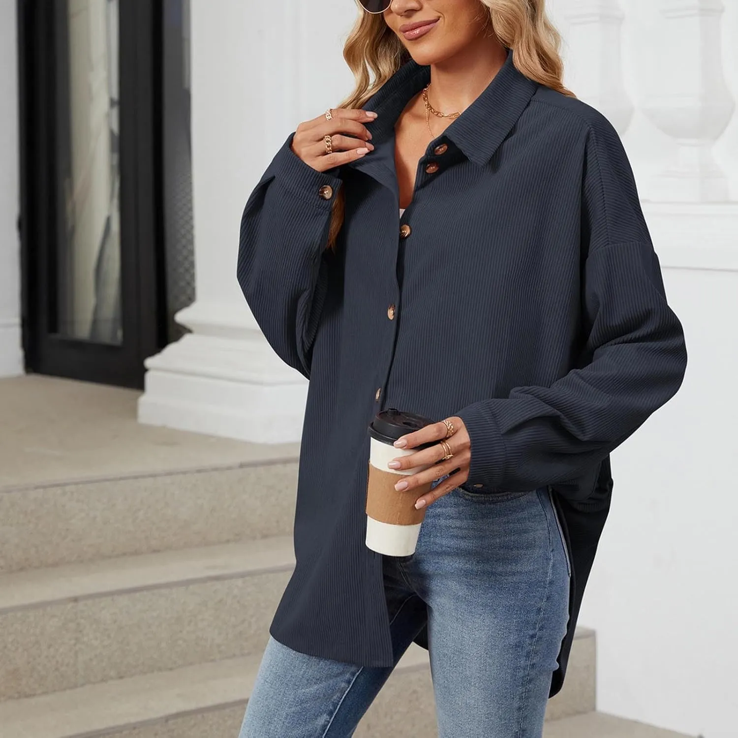 Womens Corduroy Shacket Blouses Button Down Shirts Long Sleeves Tops Jacket Coats Fashion Casual Jacket All Season