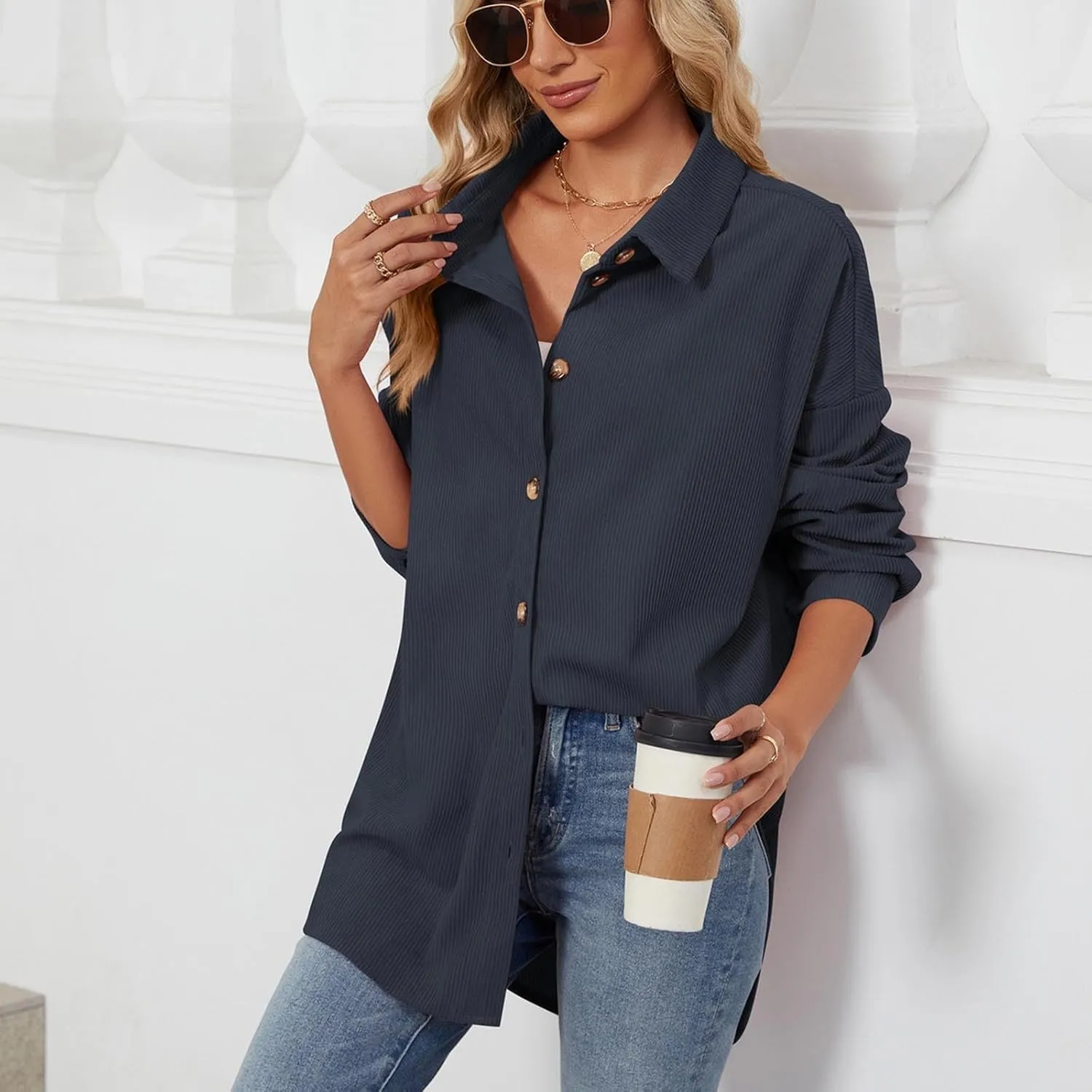 Womens Corduroy Shacket Blouses Button Down Shirts Long Sleeves Tops Jacket Coats Fashion Casual Jacket All Season