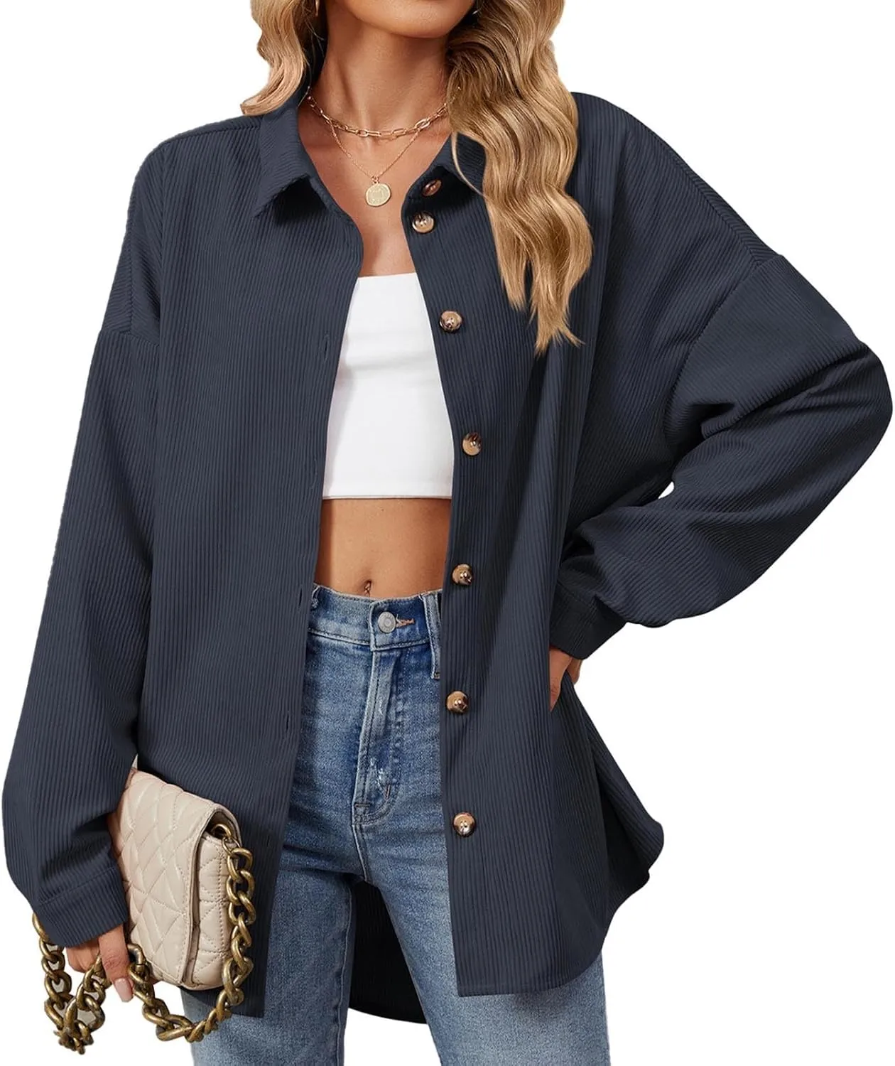 Womens Corduroy Shacket Blouses Button Down Shirts Long Sleeves Tops Jacket Coats Fashion Casual Jacket All Season
