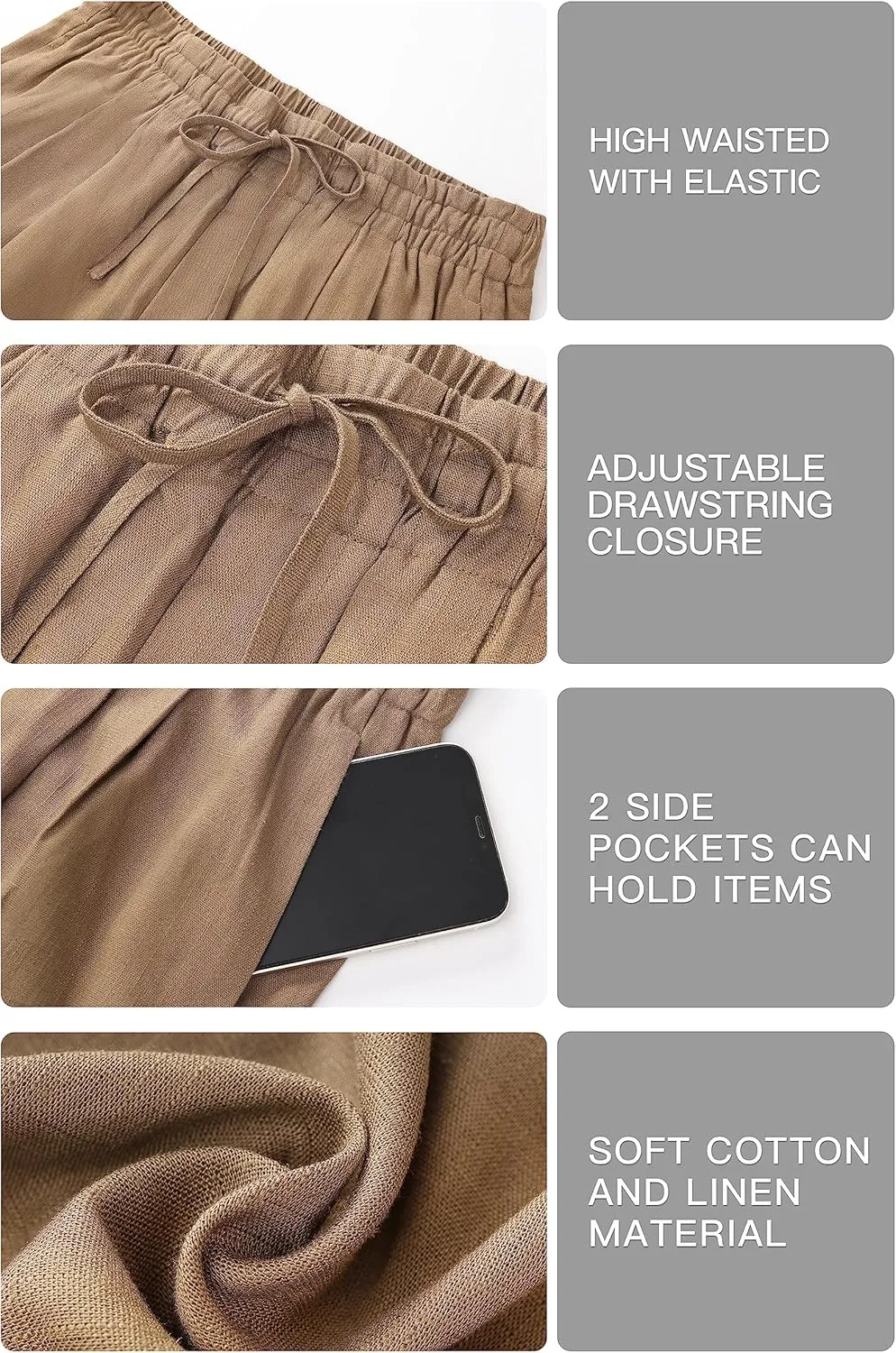 Womens Cotton Linen Pants Summer Casual Drawstring High Waisted Palazzo Flowy Wide Leg Trousers with Pockets