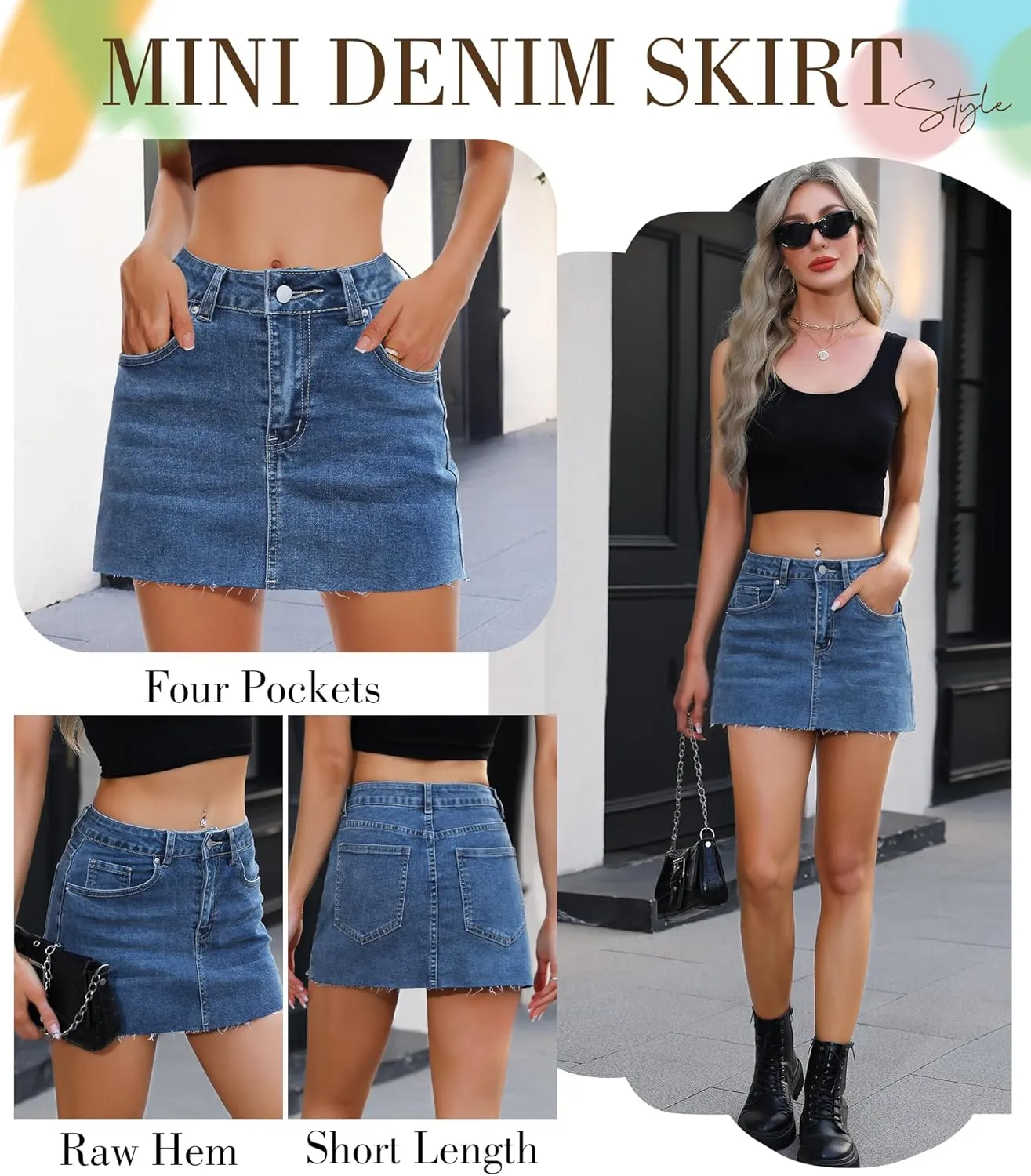 Womens Denim Mini Skirt Stretchy Mid Waist Casual Trendy Y2k Jean Skirts with Pockets