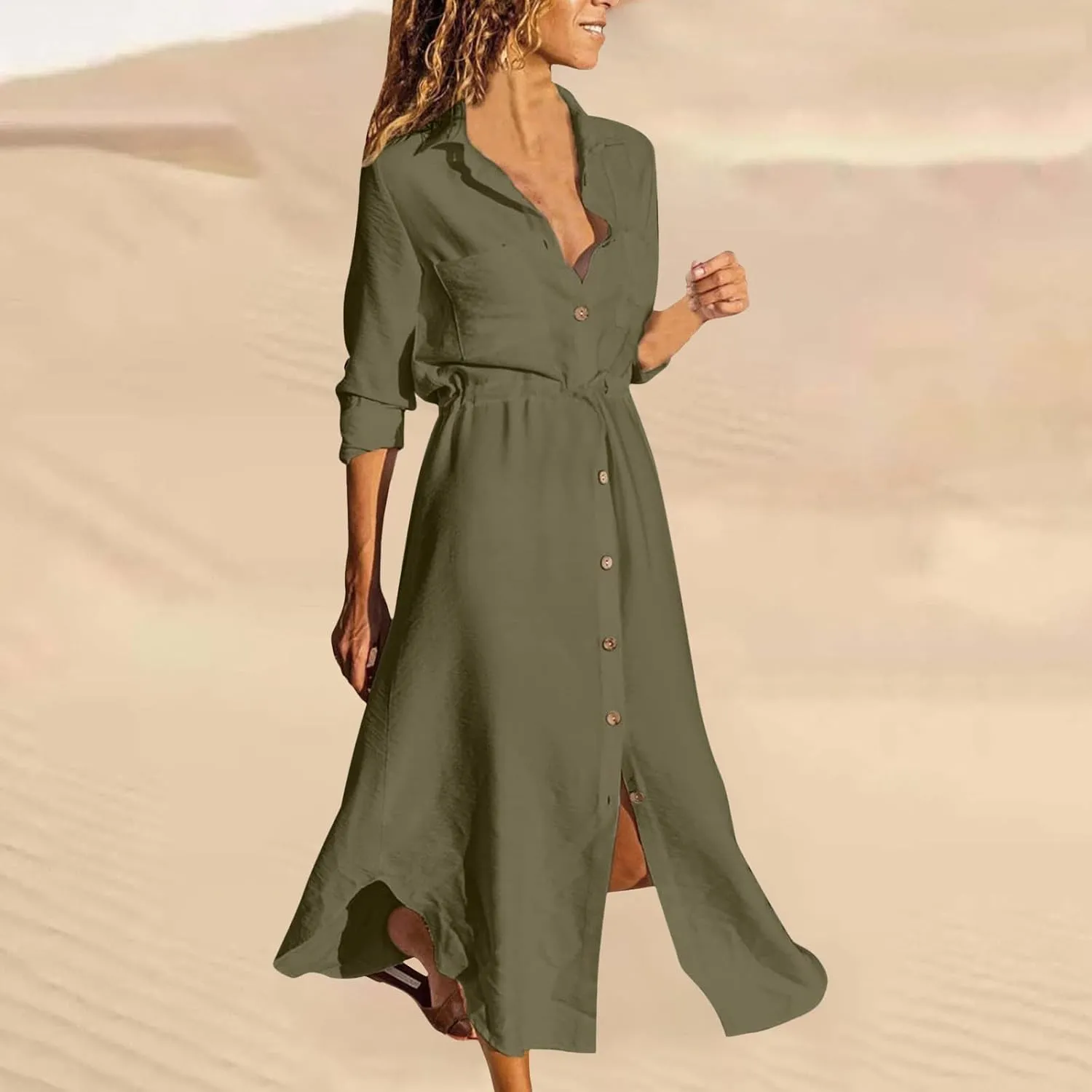 Womens Dress Summer Casual Short Sleeve Button Down Shirt Dresses Beach Cover Up Sundress with Pockets