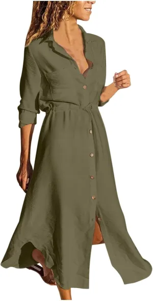 Womens Dress Summer Casual Short Sleeve Button Down Shirt Dresses Beach Cover Up Sundress with Pockets