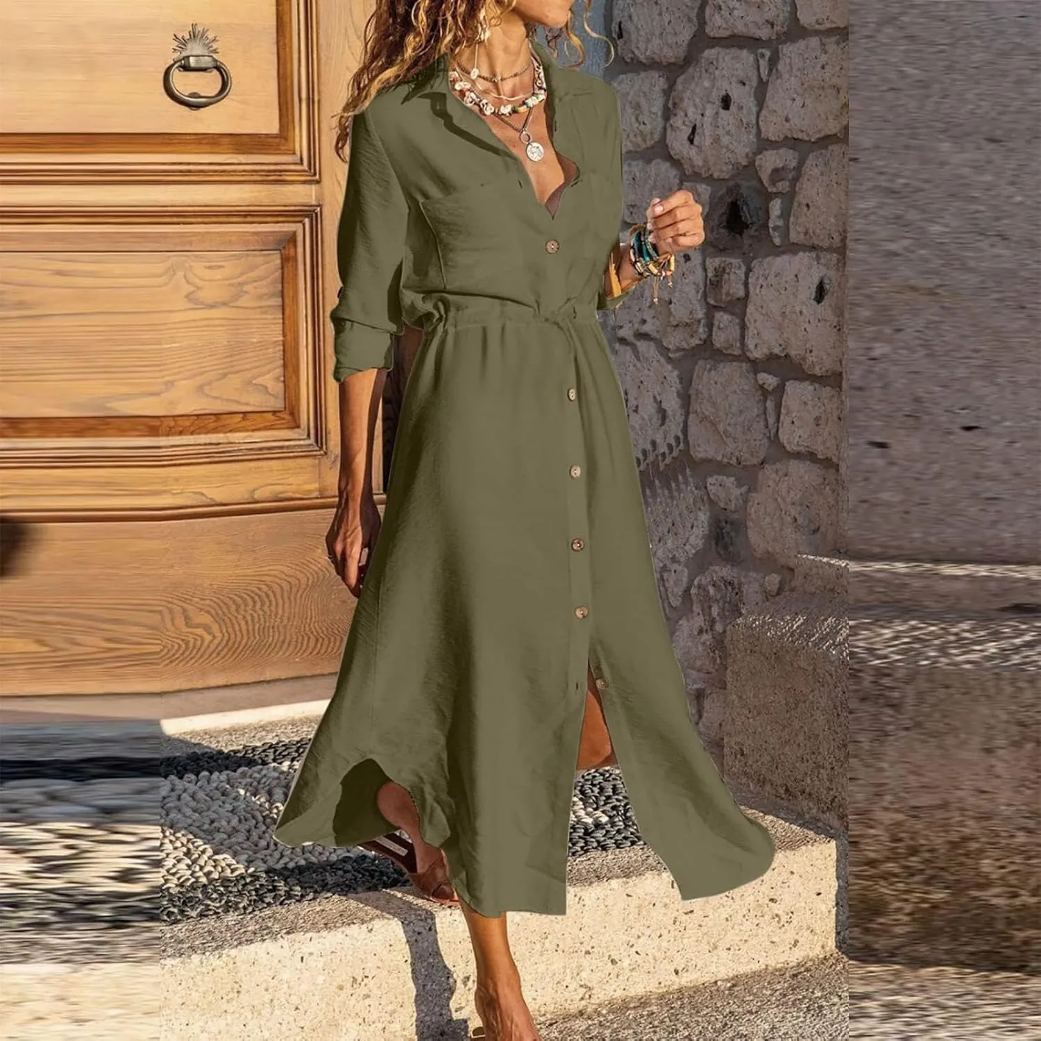Womens Dress Summer Casual Short Sleeve Button Down Shirt Dresses Beach Cover Up Sundress with Pockets