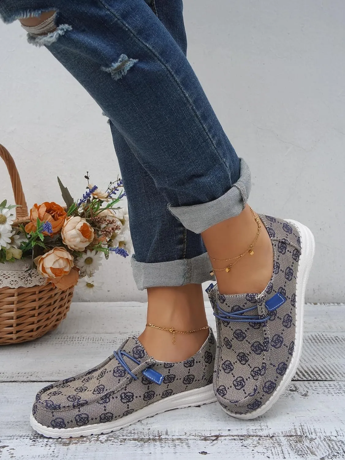 Women's Floral Pattern Canvas Loafer Shoes Ethnic Lace-up Slip-on Walking Sneakers Lightweight Breathable Arch Support Boat Shoes Comfy Unisex Footwear for Women/Men Adult/Teenagers, Pink/Blue/Brown