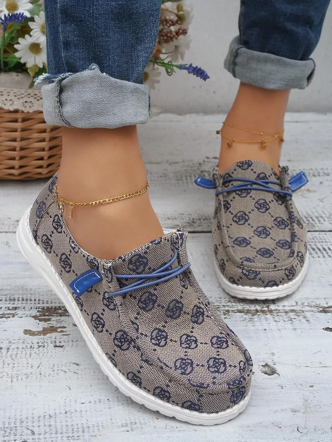 Women's Floral Pattern Canvas Loafer Shoes Ethnic Lace-up Slip-on Walking Sneakers Lightweight Breathable Arch Support Boat Shoes Comfy Unisex Footwear for Women/Men Adult/Teenagers, Pink/Blue/Brown
