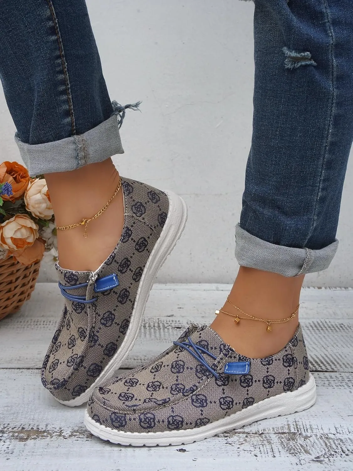 Women's Floral Pattern Canvas Loafer Shoes Ethnic Lace-up Slip-on Walking Sneakers Lightweight Breathable Arch Support Boat Shoes Comfy Unisex Footwear for Women/Men Adult/Teenagers, Pink/Blue/Brown