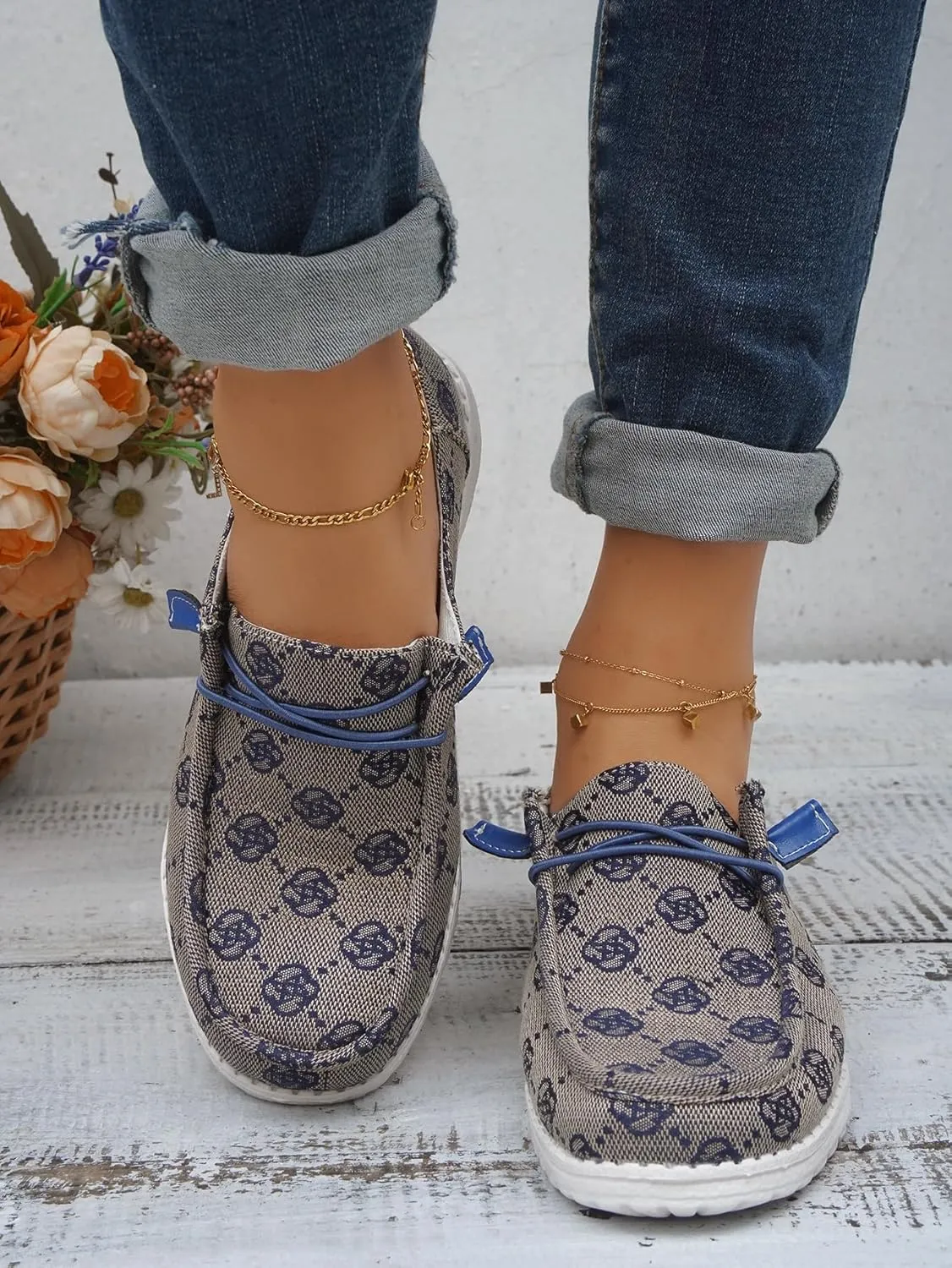 Women's Floral Pattern Canvas Loafer Shoes Ethnic Lace-up Slip-on Walking Sneakers Lightweight Breathable Arch Support Boat Shoes Comfy Unisex Footwear for Women/Men Adult/Teenagers, Pink/Blue/Brown