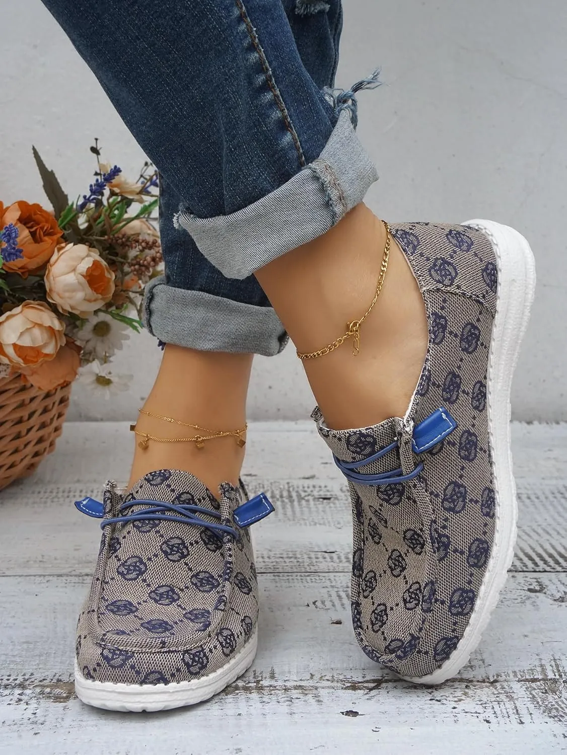 Women's Floral Pattern Canvas Loafer Shoes Ethnic Lace-up Slip-on Walking Sneakers Lightweight Breathable Arch Support Boat Shoes Comfy Unisex Footwear for Women/Men Adult/Teenagers, Pink/Blue/Brown