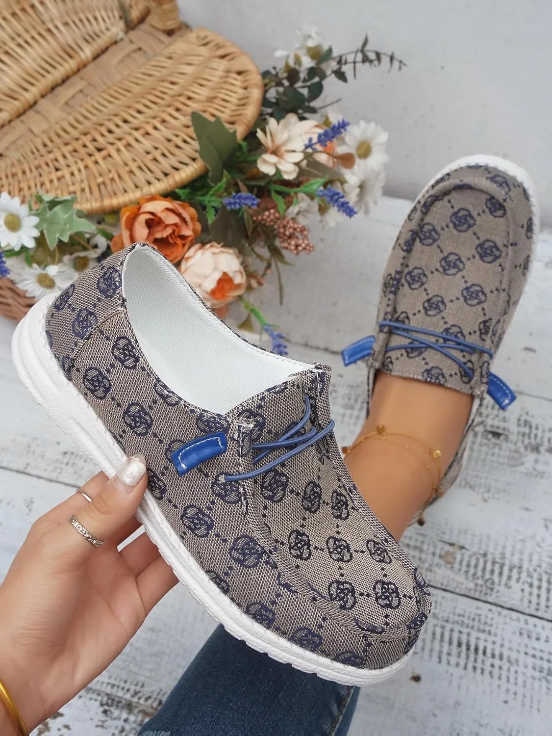 Women's Floral Pattern Canvas Loafer Shoes Ethnic Lace-up Slip-on Walking Sneakers Lightweight Breathable Arch Support Boat Shoes Comfy Unisex Footwear for Women/Men Adult/Teenagers, Pink/Blue/Brown