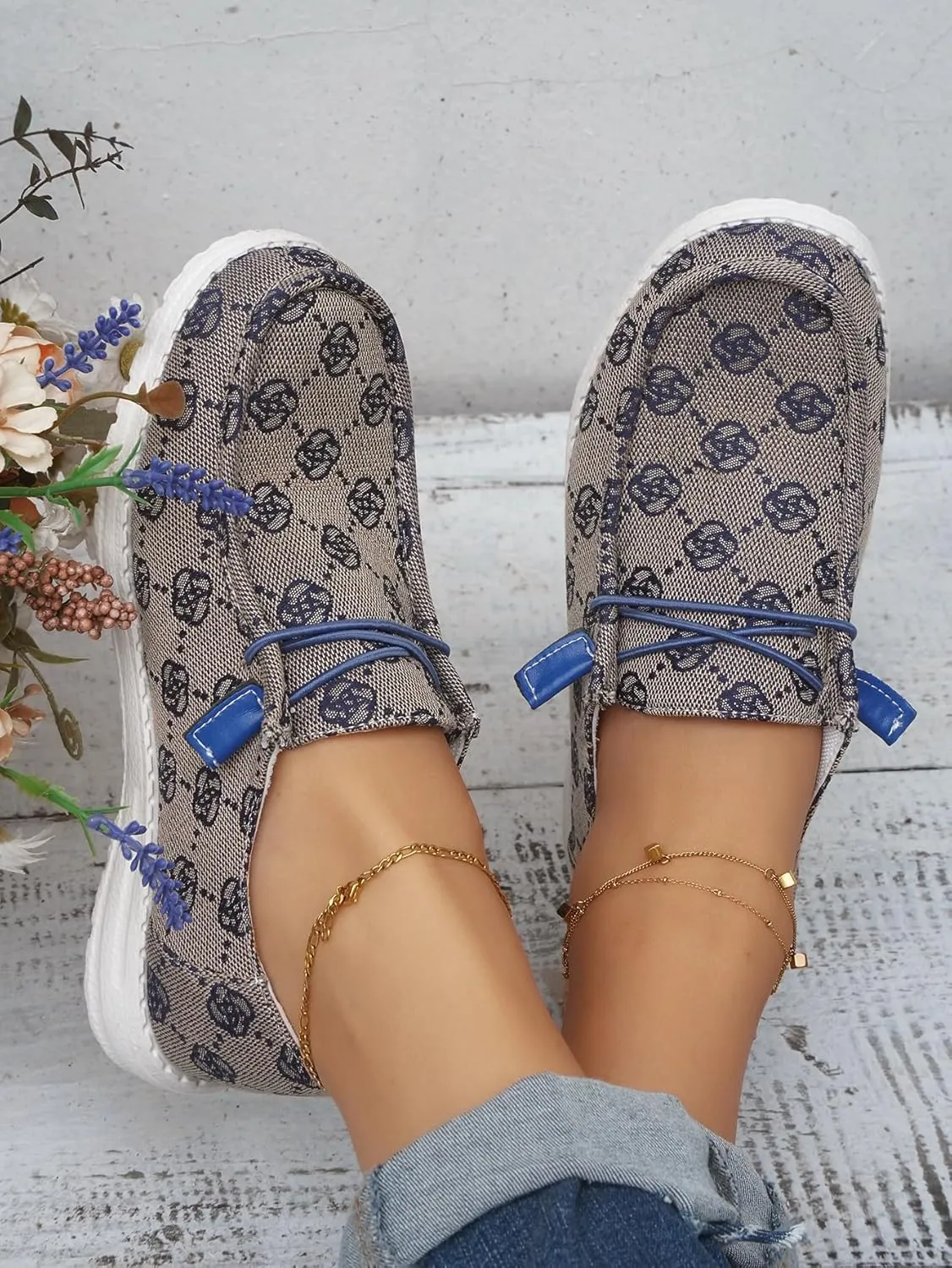 Women's Floral Pattern Canvas Loafer Shoes Ethnic Lace-up Slip-on Walking Sneakers Lightweight Breathable Arch Support Boat Shoes Comfy Unisex Footwear for Women/Men Adult/Teenagers, Pink/Blue/Brown