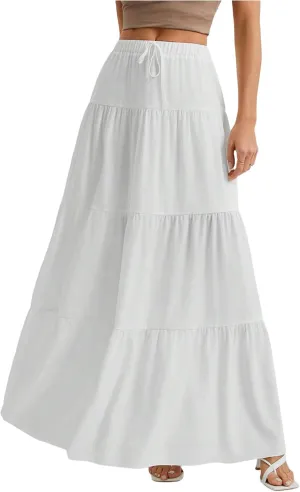 Women's Flowy Flared Ruffle Hem A Line Maxi Skirts Elastic Waist Elegant Tiered Layer Boho Long Skirts