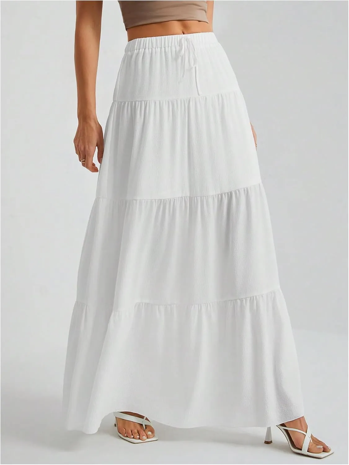 Women's Flowy Flared Ruffle Hem A Line Maxi Skirts Elastic Waist Elegant Tiered Layer Boho Long Skirts