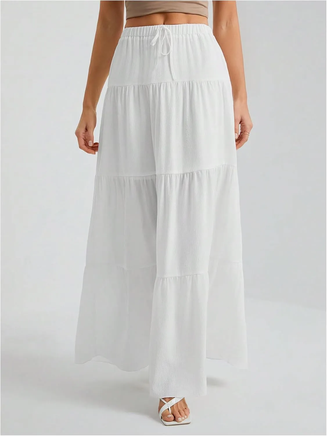 Women's Flowy Flared Ruffle Hem A Line Maxi Skirts Elastic Waist Elegant Tiered Layer Boho Long Skirts