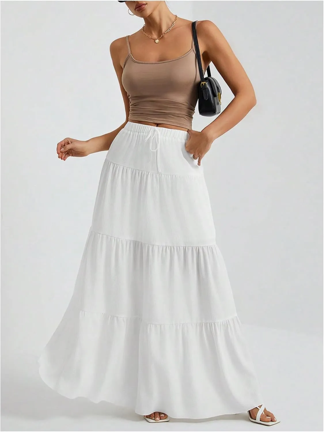Women's Flowy Flared Ruffle Hem A Line Maxi Skirts Elastic Waist Elegant Tiered Layer Boho Long Skirts