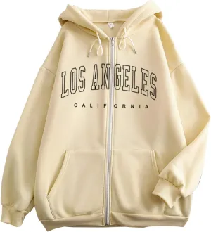 Womens Full Zip Letter Print Hoodie Trendy Casual Pullover Tops Long Sleeve Drawstring Couple Hooded Sweatshirt with Pocket