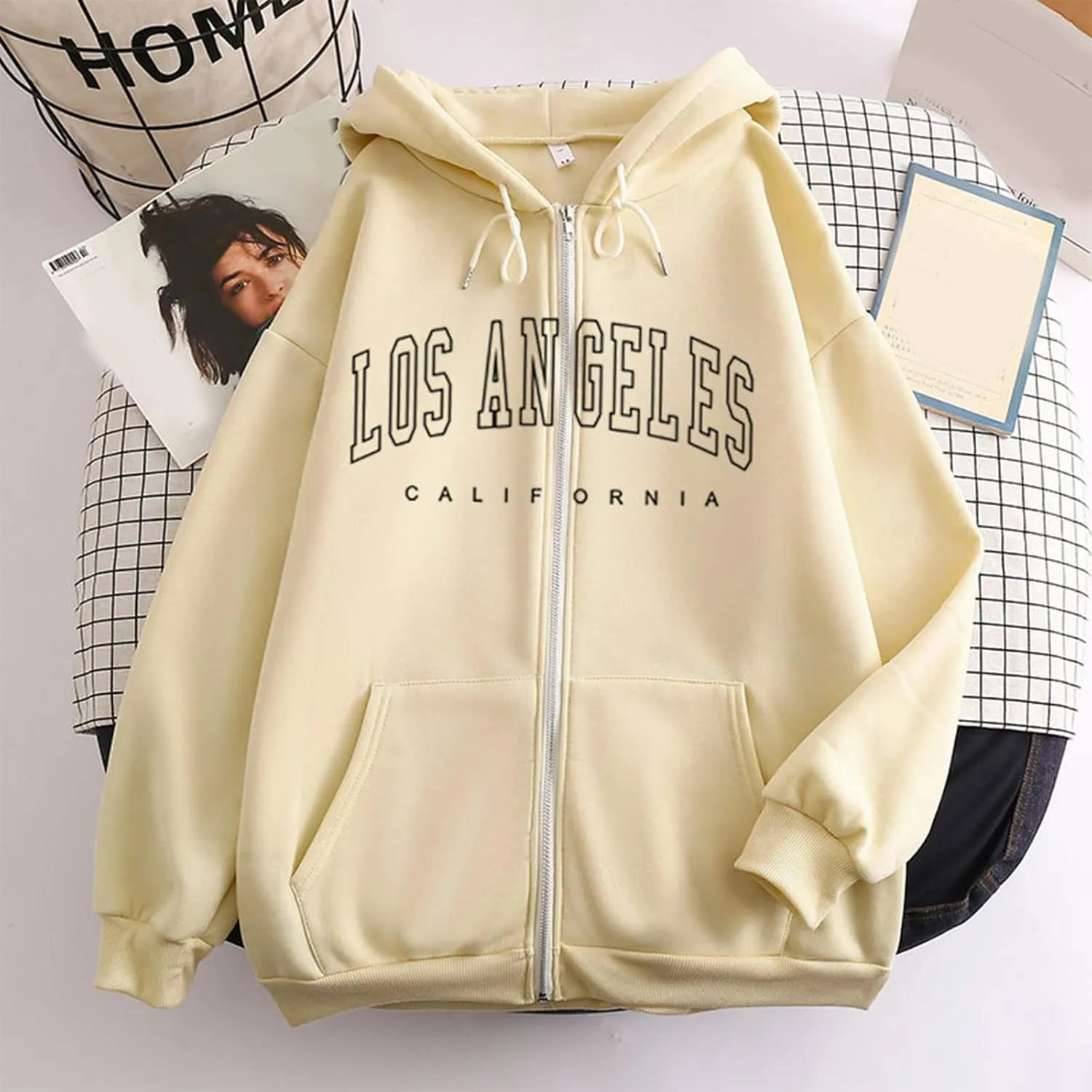 Womens Full Zip Letter Print Hoodie Trendy Casual Pullover Tops Long Sleeve Drawstring Couple Hooded Sweatshirt with Pocket