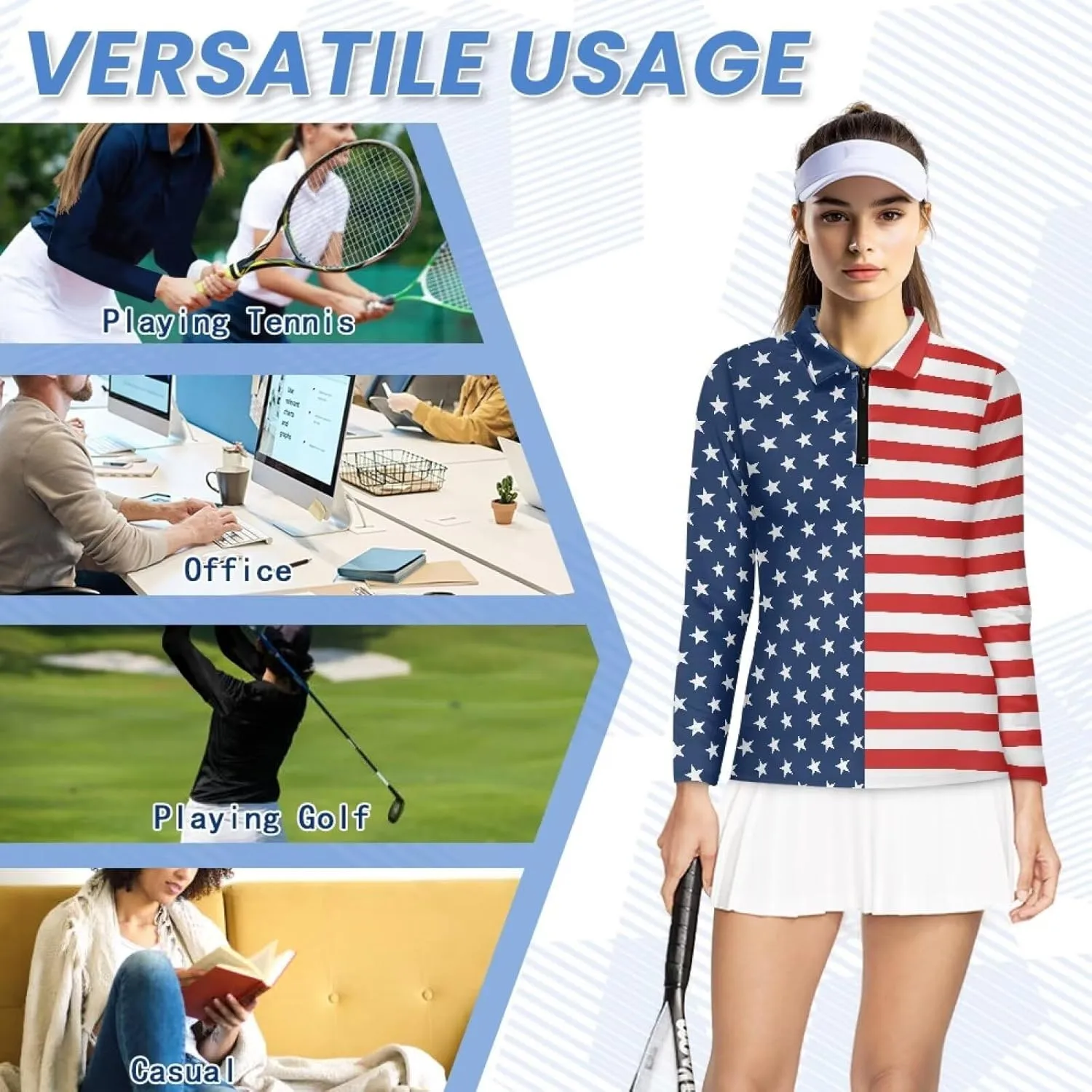 Women's Golf Polo Shirts Long Sleeve V Neck Tennis Shirt Quarter Zip Pullover Running Tops for Ladies XS-XXL