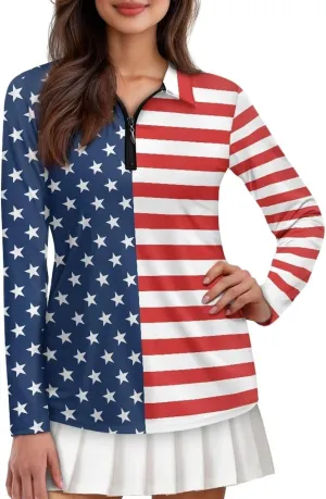 Women's Golf Polo Shirts Long Sleeve V Neck Tennis Shirt Quarter Zip Pullover Running Tops for Ladies XS-XXL