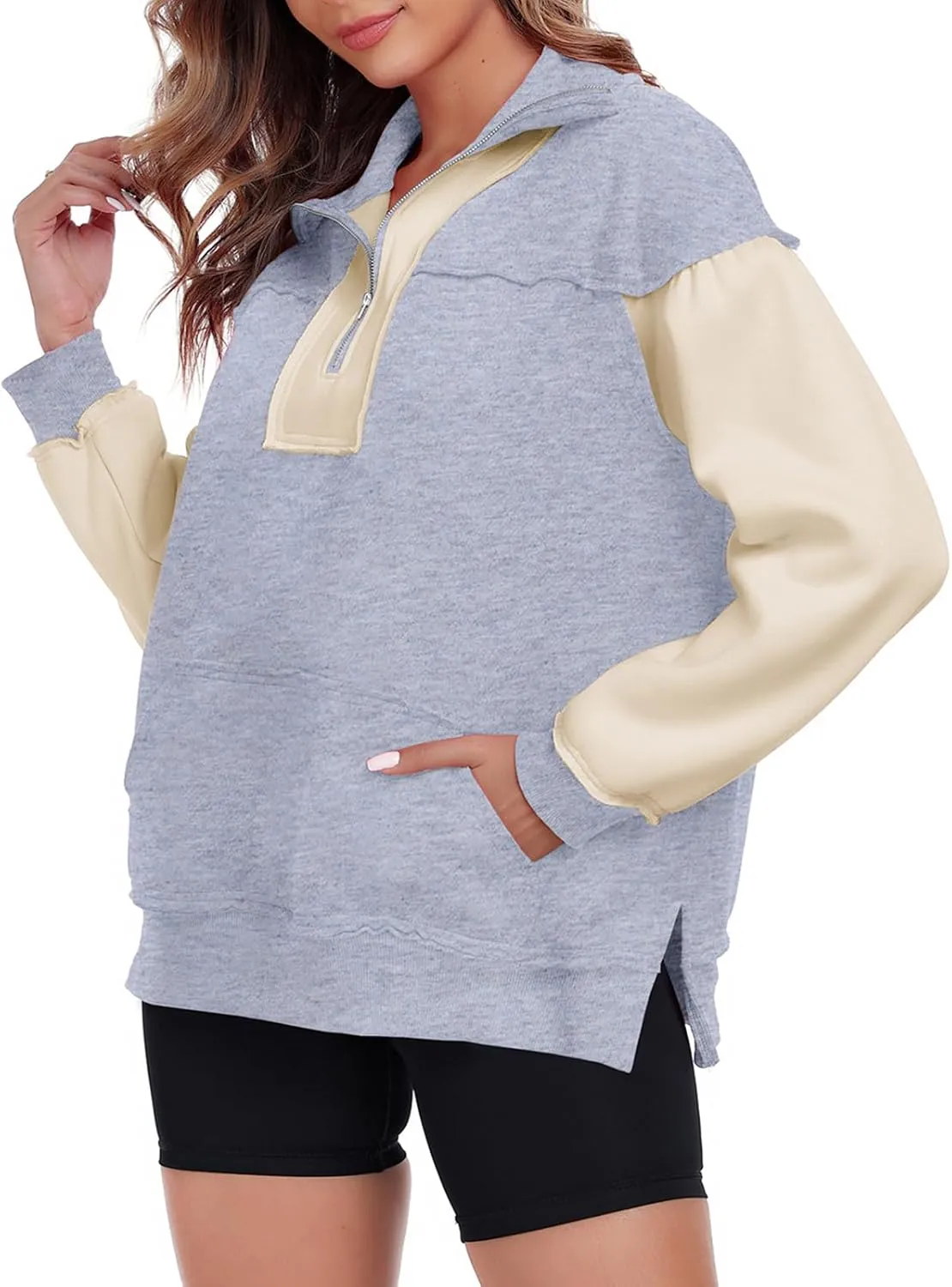 Womens Half Zip Sweatshirts Oversized Long Sleeve Fleece Color Block Pullover Tops with Pocket 2024 Winter Y2K ﻿