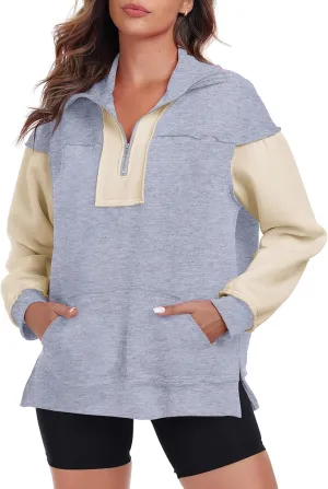 Womens Half Zip Sweatshirts Oversized Long Sleeve Fleece Color Block Pullover Tops with Pocket 2024 Winter Y2K ﻿