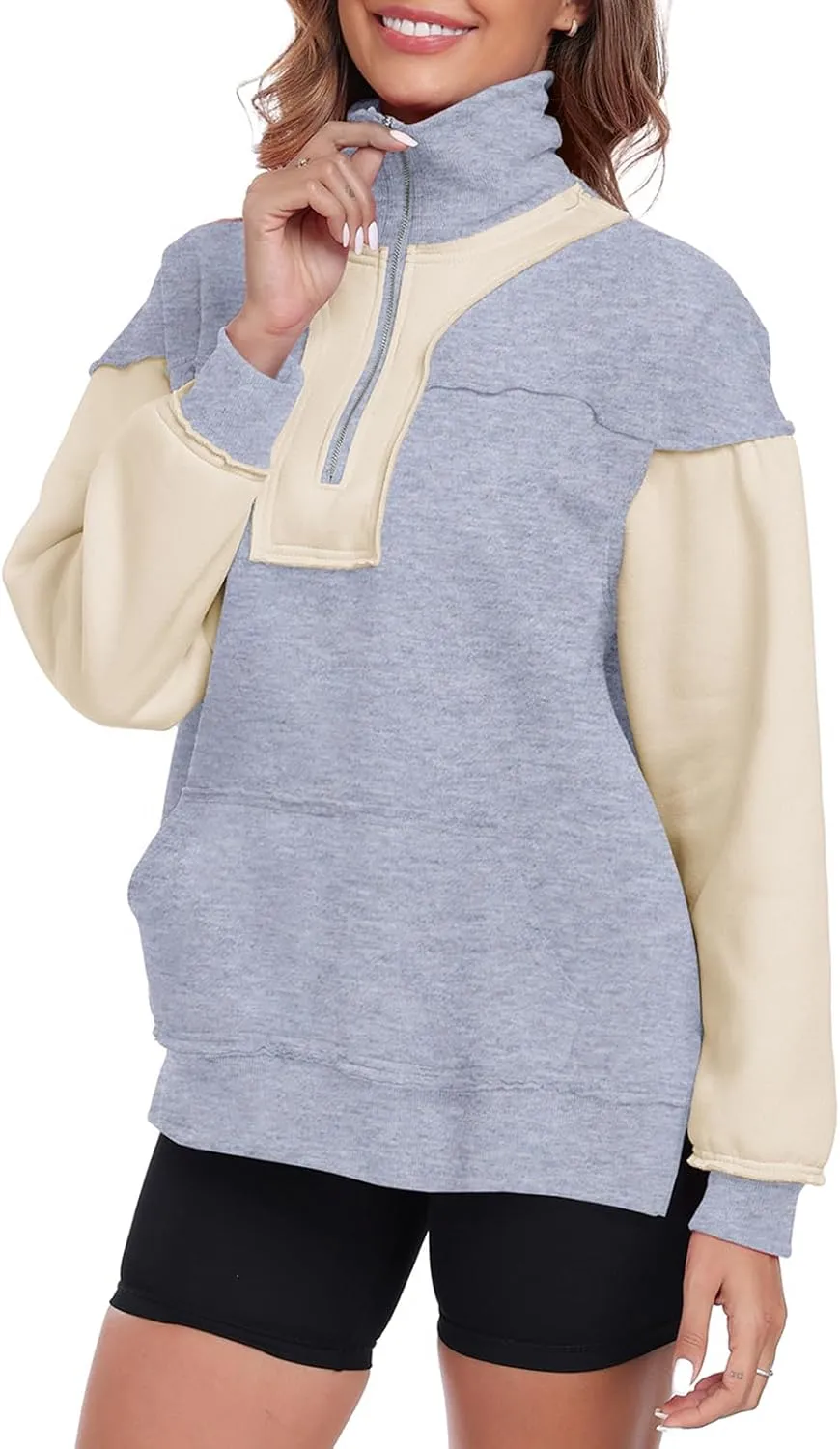 Womens Half Zip Sweatshirts Oversized Long Sleeve Fleece Color Block Pullover Tops with Pocket 2024 Winter Y2K ﻿