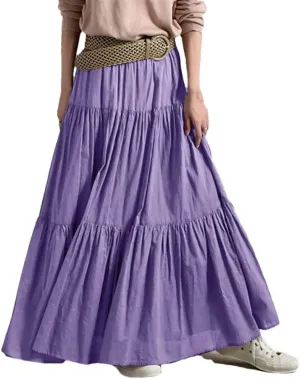 Womens High Waist A Line Flowy Maxi Skirts Bohemian Swing Beach Skirt Layered Ruffle Pleated Long Dress