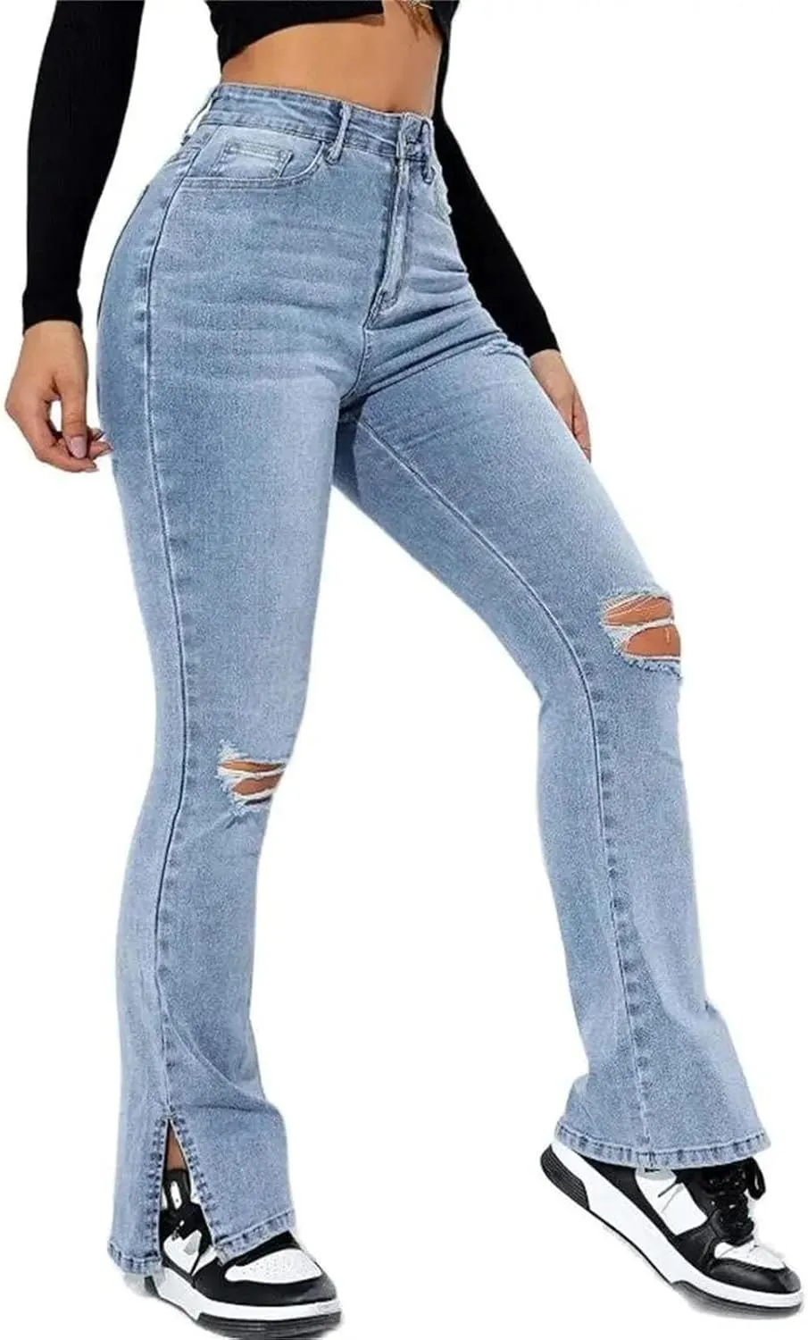 Women's High Waist Ripped Slit Hem Jeans Fashion Stretch Slim Fit Denim Straight Legs Casual Y2K Trousers