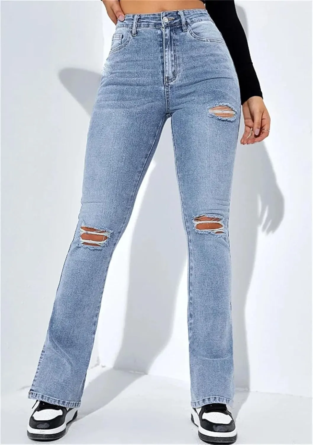 Women's High Waist Ripped Slit Hem Jeans Fashion Stretch Slim Fit Denim Straight Legs Casual Y2K Trousers