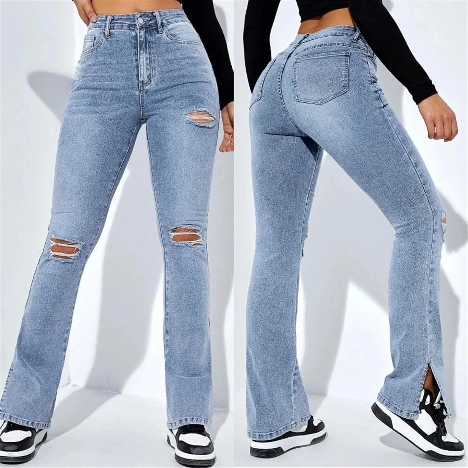 Women's High Waist Ripped Slit Hem Jeans Fashion Stretch Slim Fit Denim Straight Legs Casual Y2K Trousers