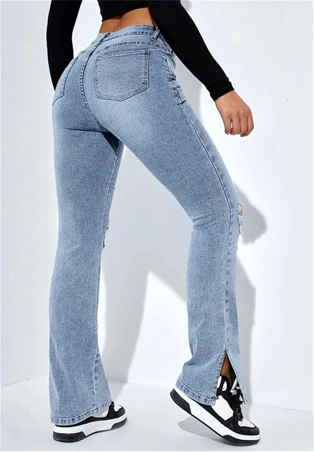 Women's High Waist Ripped Slit Hem Jeans Fashion Stretch Slim Fit Denim Straight Legs Casual Y2K Trousers