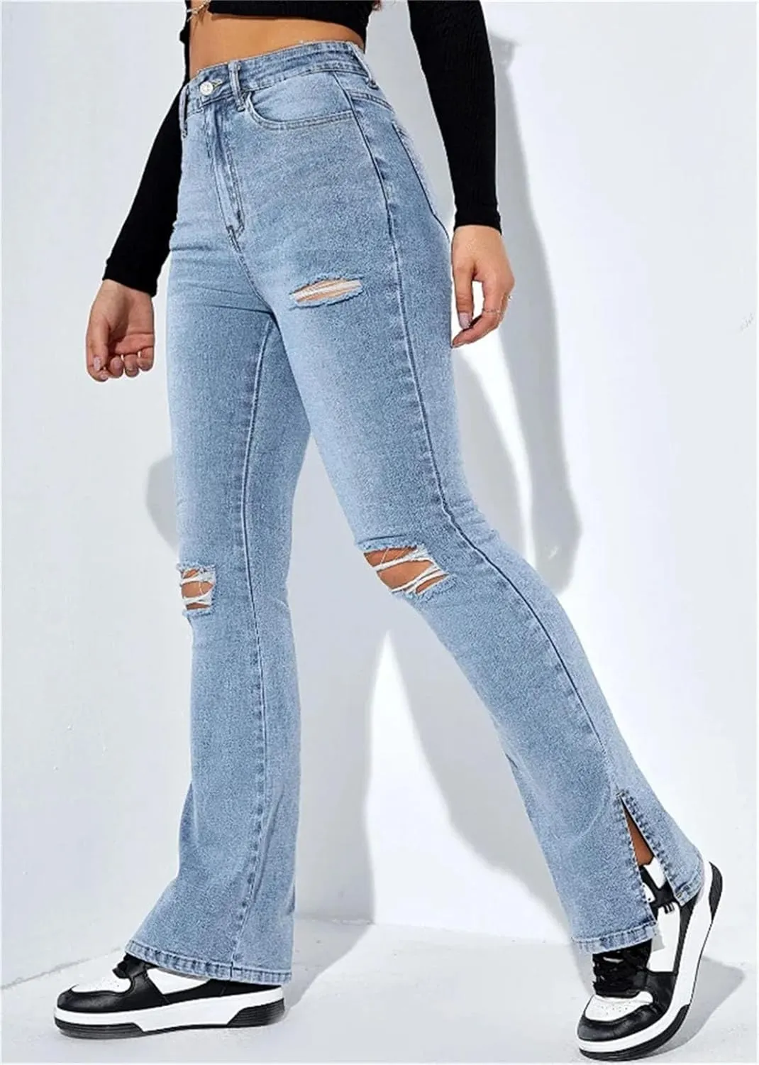 Women's High Waist Ripped Slit Hem Jeans Fashion Stretch Slim Fit Denim Straight Legs Casual Y2K Trousers