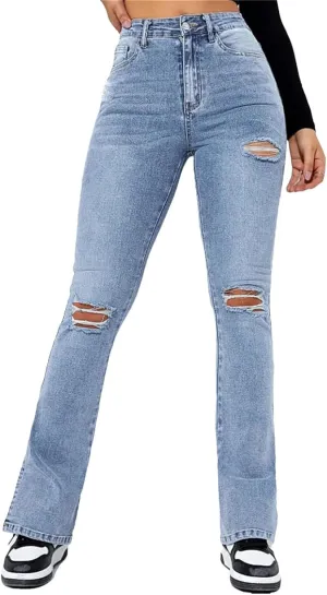 Women's High Waist Ripped Slit Hem Jeans Fashion Stretch Slim Fit Denim Straight Legs Casual Y2K Trousers