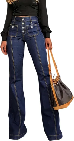 Womens High Waisted Jeans Bell Bottom Curvy Fit Bootcut Denim Pants Slim Stretch Straight Leg Trouser with Pockets