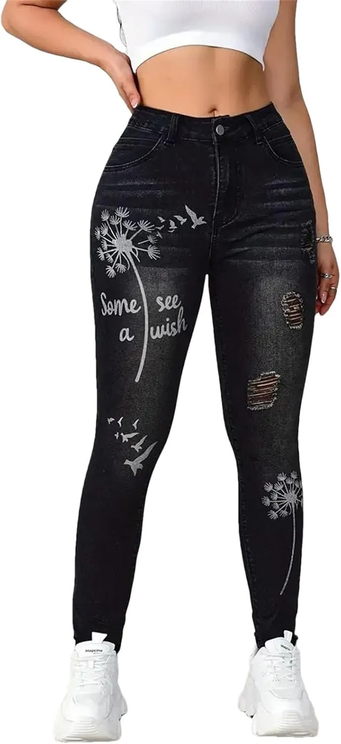 Womens High Waisted Stretch Denim Trousers Slim Fit Flower Print Skinny Jeans Fashion Ripped Pencil Pants