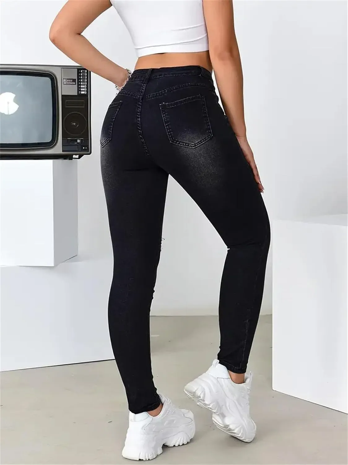 Womens High Waisted Stretch Denim Trousers Slim Fit Flower Print Skinny Jeans Fashion Ripped Pencil Pants