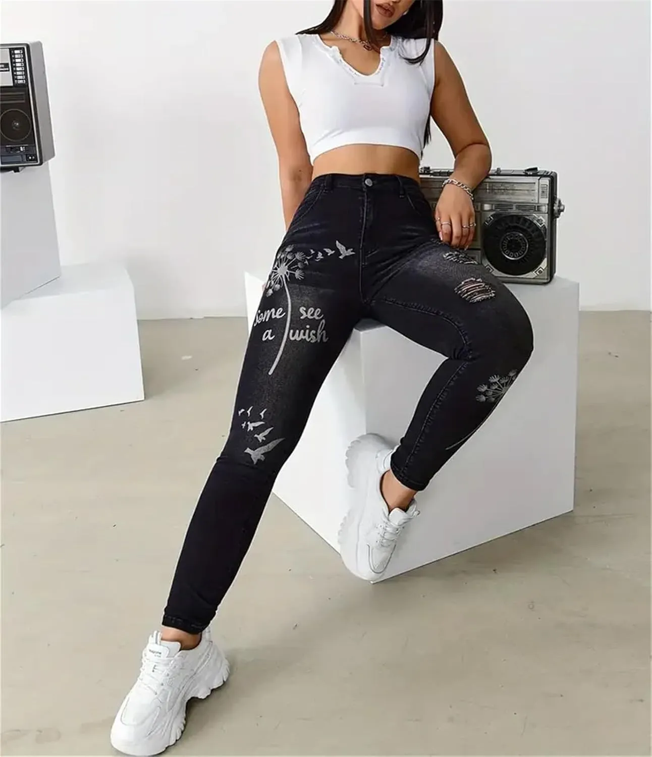 Womens High Waisted Stretch Denim Trousers Slim Fit Flower Print Skinny Jeans Fashion Ripped Pencil Pants