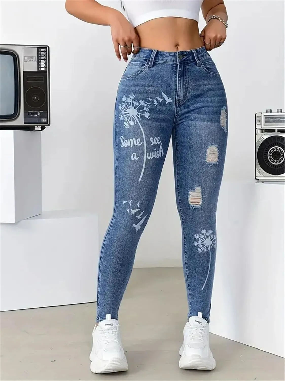Womens High Waisted Stretch Denim Trousers Slim Fit Flower Print Skinny Jeans Fashion Ripped Pencil Pants