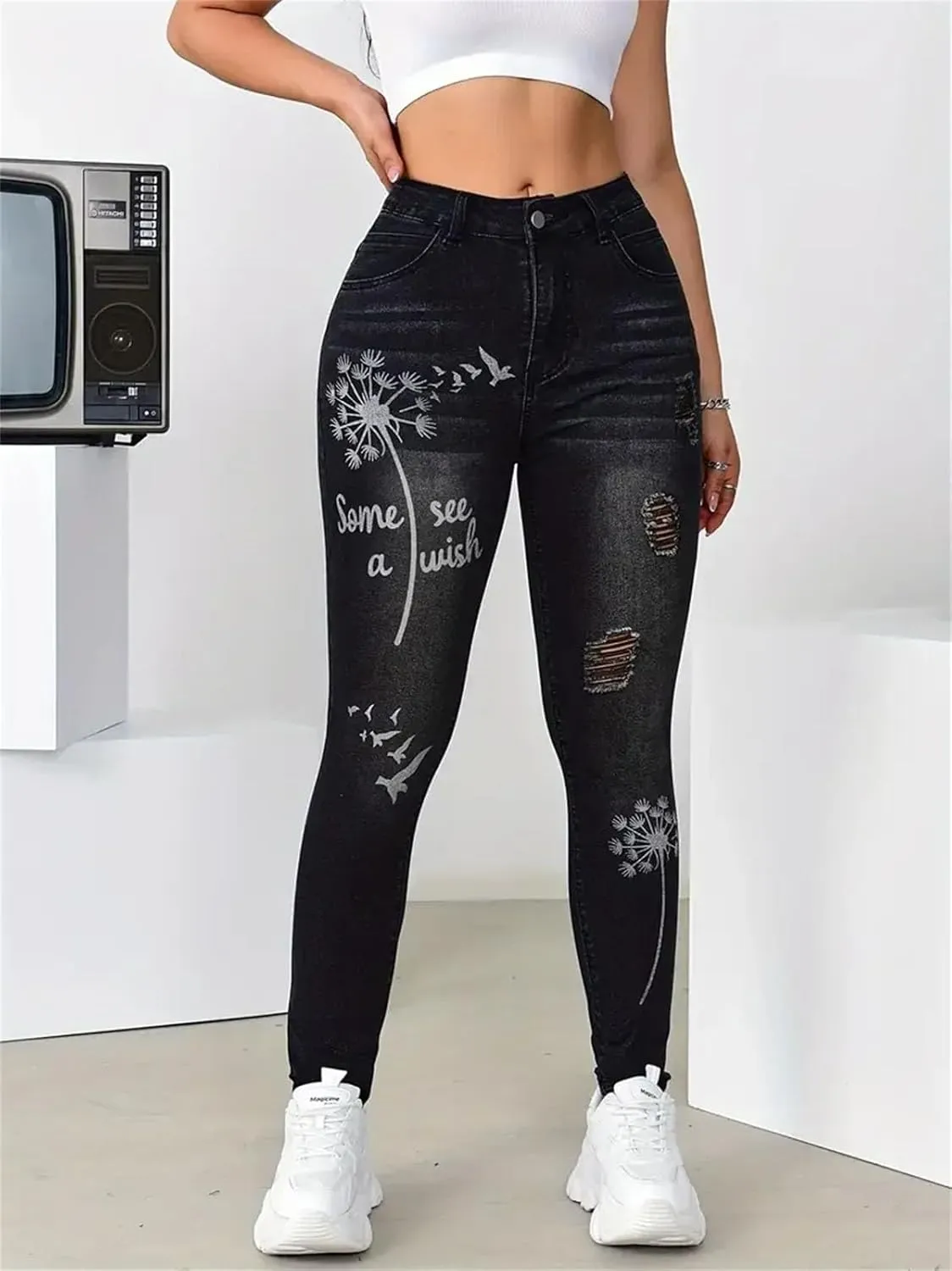 Womens High Waisted Stretch Denim Trousers Slim Fit Flower Print Skinny Jeans Fashion Ripped Pencil Pants