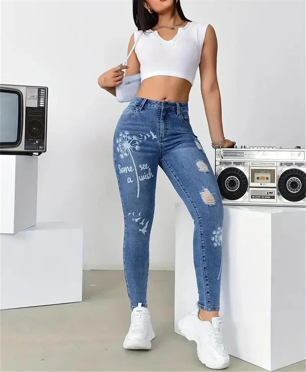 Womens High Waisted Stretch Denim Trousers Slim Fit Flower Print Skinny Jeans Fashion Ripped Pencil Pants