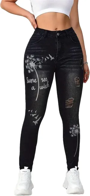 Womens High Waisted Stretch Denim Trousers Slim Fit Flower Print Skinny Jeans Fashion Ripped Pencil Pants