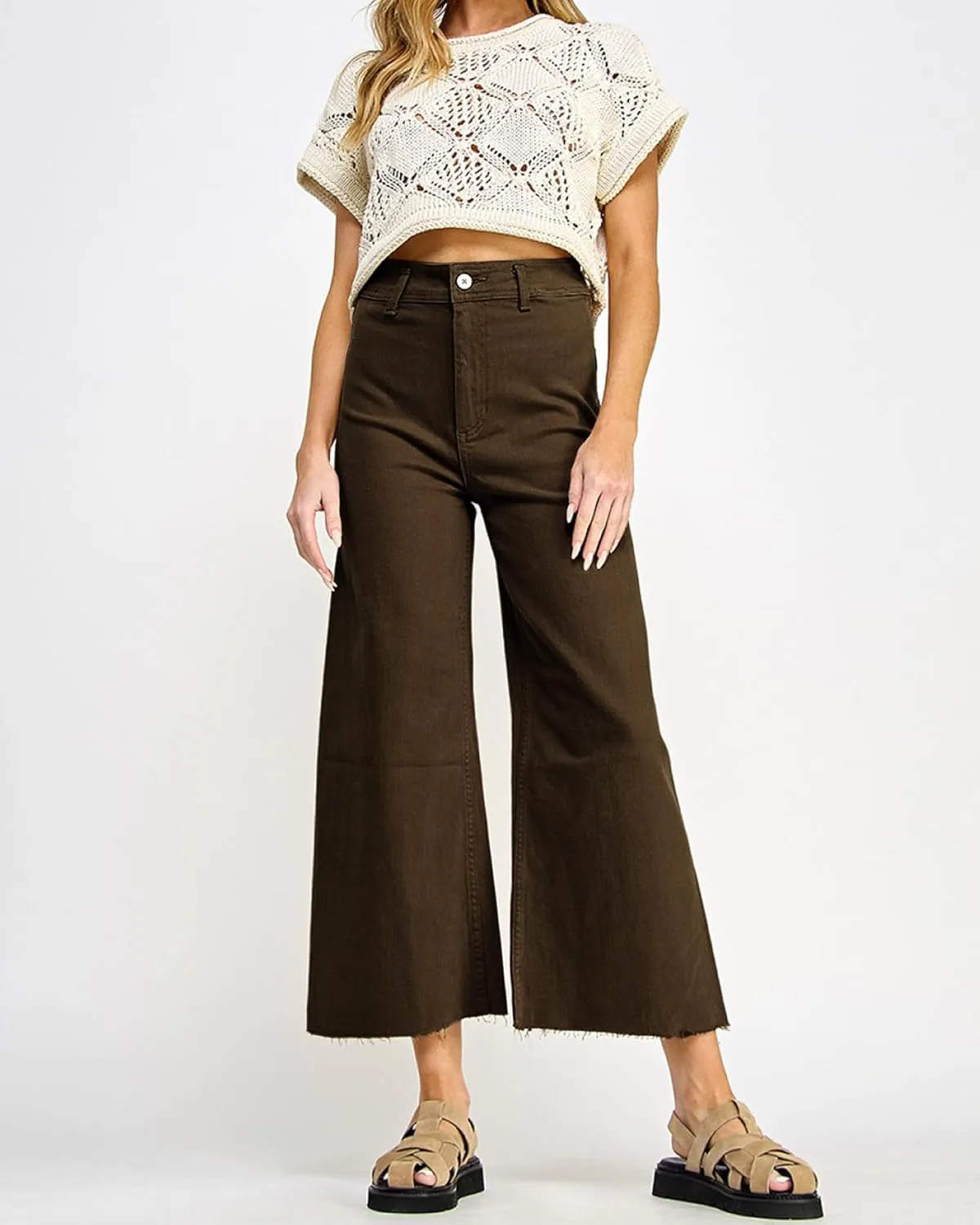 Women's High Waisted Wide Leg Jeans 9 Points Length Baggy Casual Stretch Denim Pants