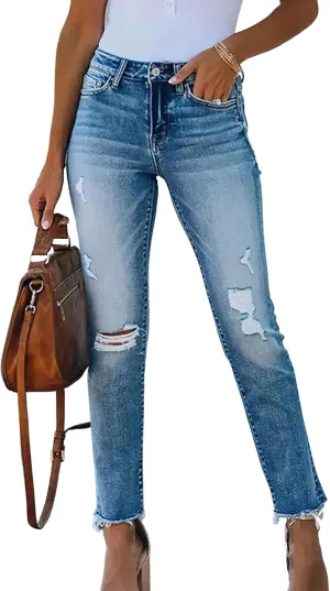 Women's Jeans Mid Waisted Stretch Distressed Tummy Straight Ankle Boyfriend Frayed Skinny Denim Pants